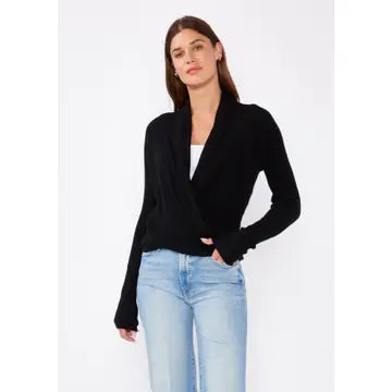 Waffle Knit Long Sleeve Tie Front Cardigan - Black