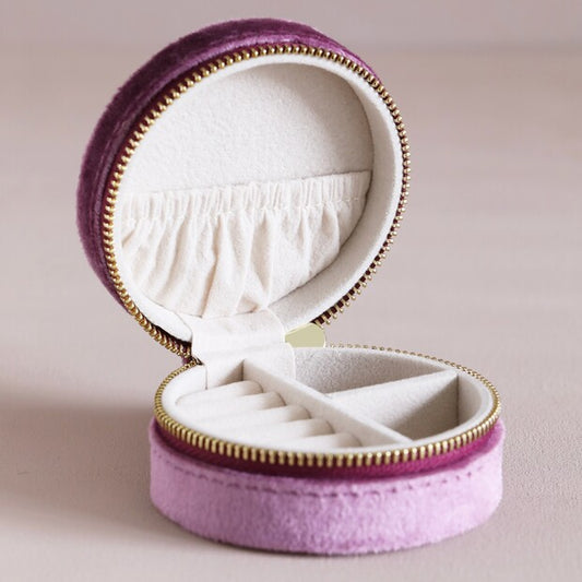 Mauve Pink Velvet Round Travel Jewelry Case