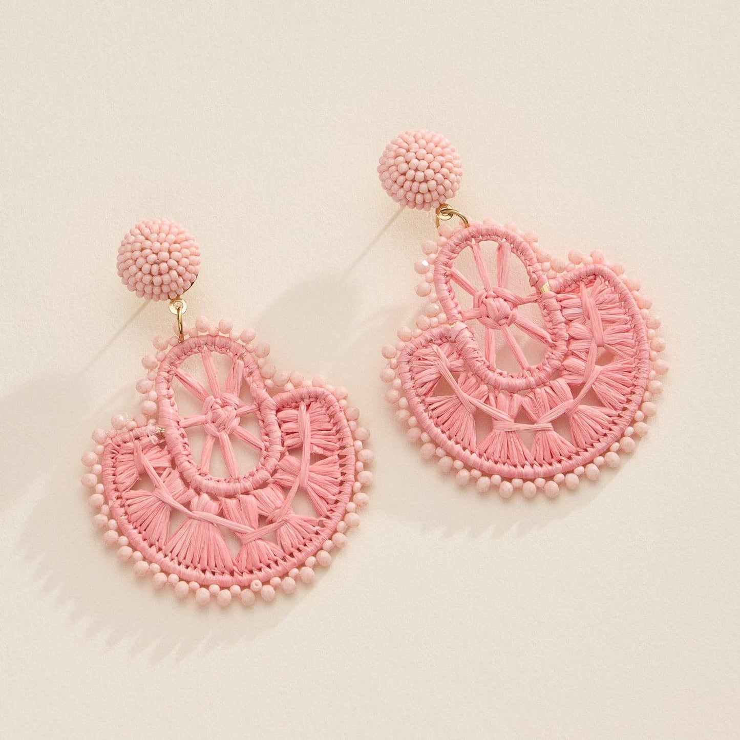 Pink Raffia Fan Statement Earrings