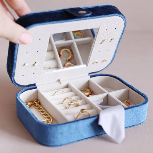 Navy Blue Velvet Rectangular Travel Jewelery Case