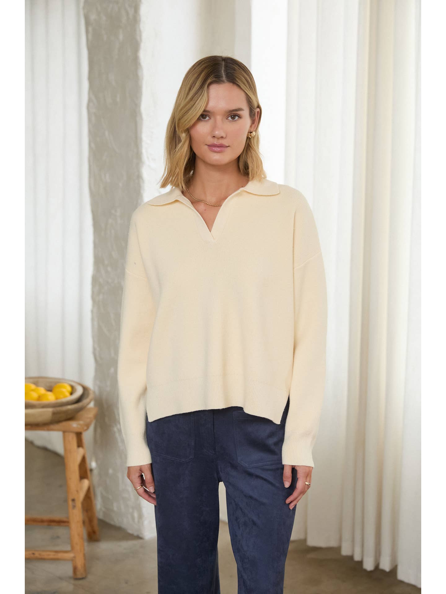 Cream Split Neck Knit Sweater