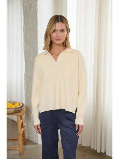 Cream Split Neck Knit Sweater