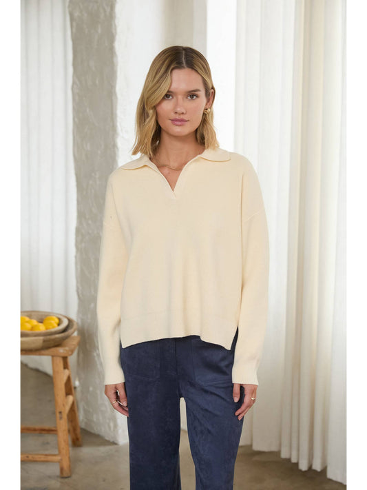Cream Split Neck Knit Sweater