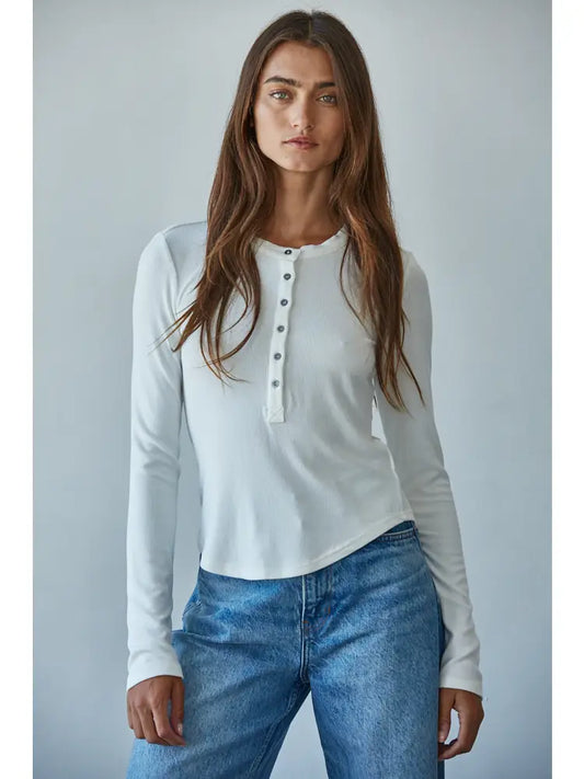 Knit Ribbed Long Sleeve Half Button Up Top