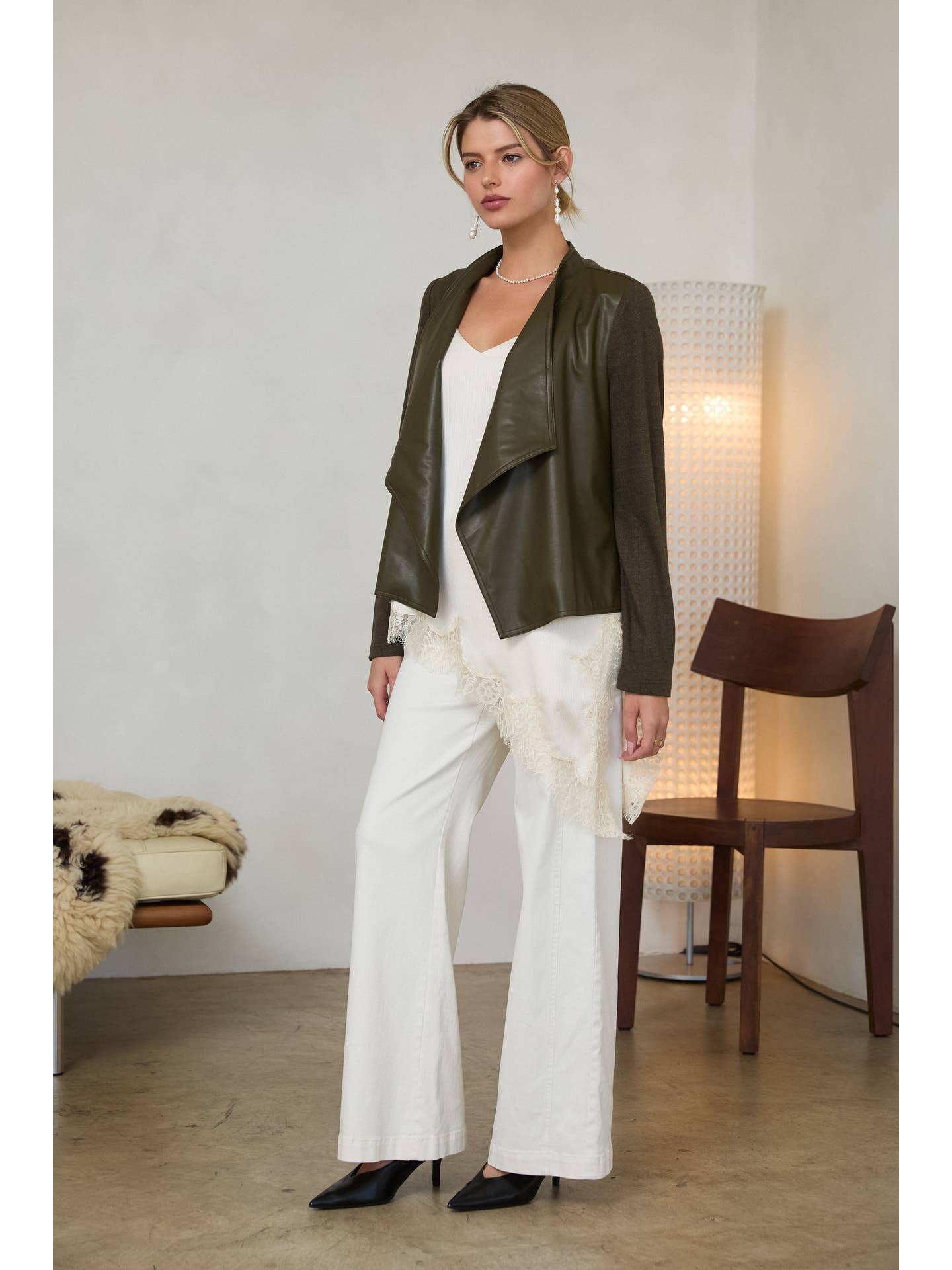 Olive Faux Leather Draped Jacket