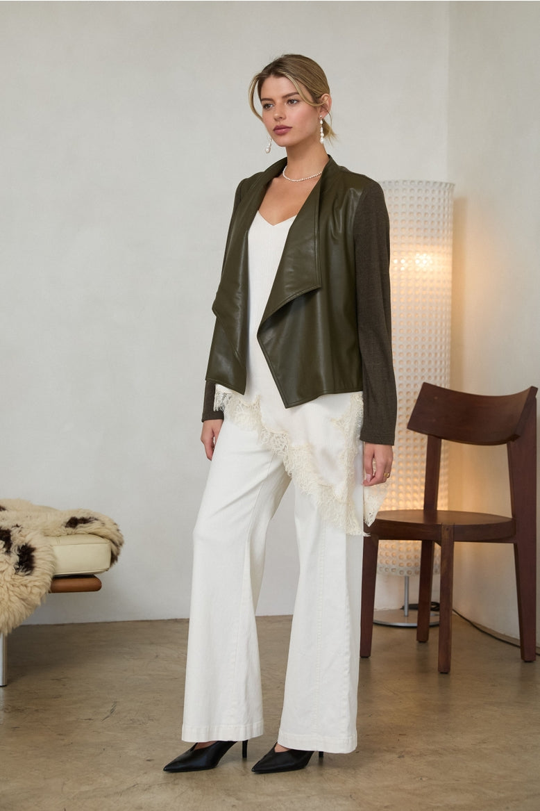 Olive Faux Leather Draped Jacket