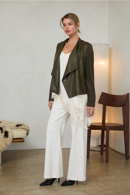 Olive Faux Leather Draped Jacket