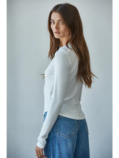 Knit Ribbed Long Sleeve Half Button Up Top