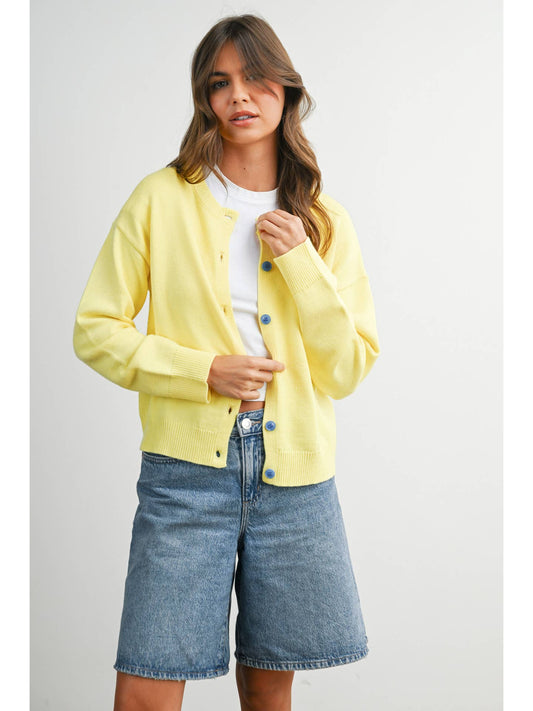 Yellow Crew Neck Button Front Cardigan