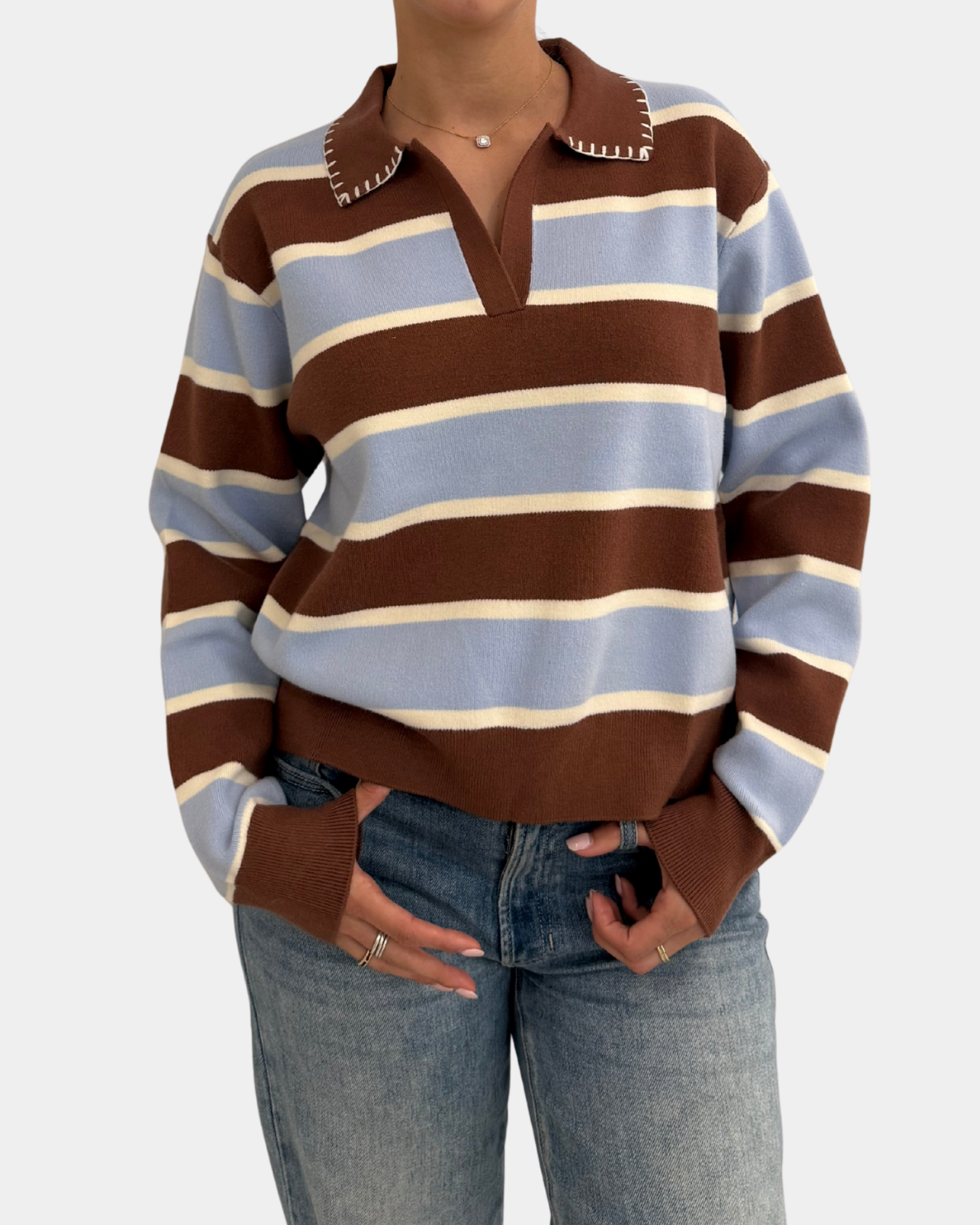 Brown Blue Stripe Split Neck Sweater
