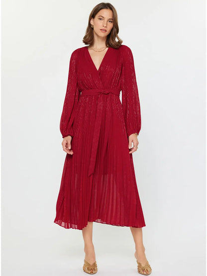Pleated Surplice V-Neck Maxi Dress