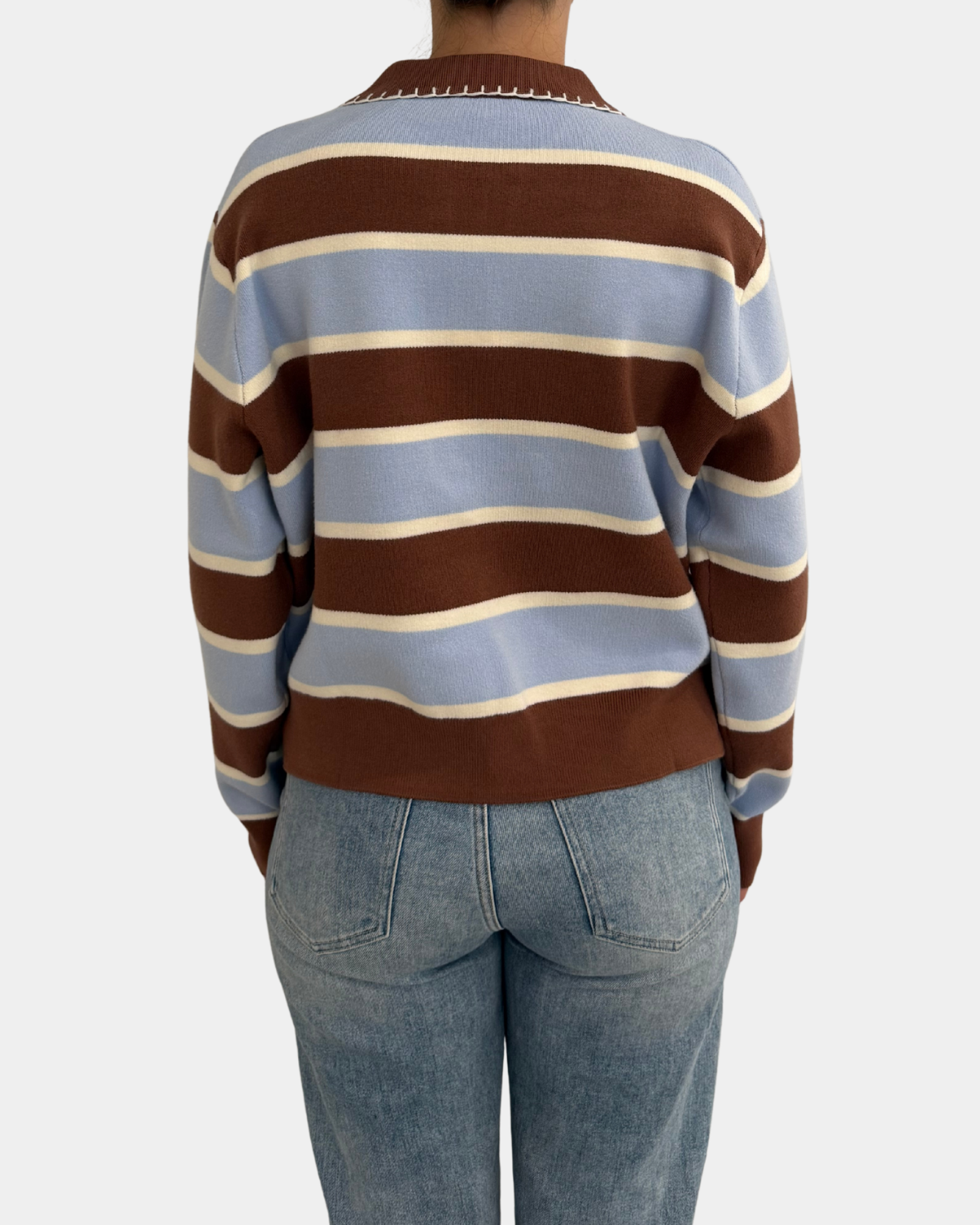 Brown Blue Stripe Split Neck Sweater
