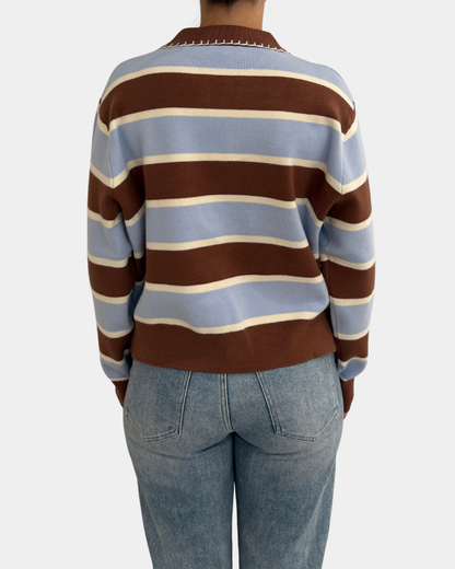 Brown Blue Stripe Split Neck Sweater
