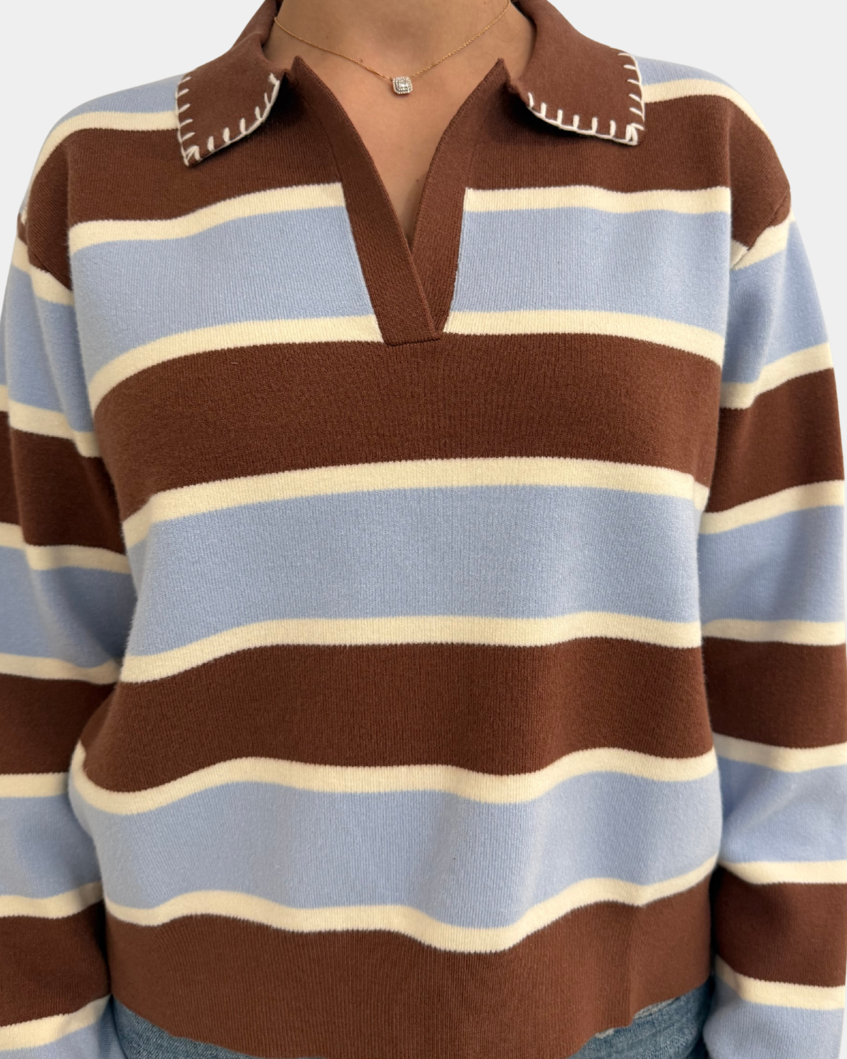 Brown Blue Stripe Split Neck Sweater
