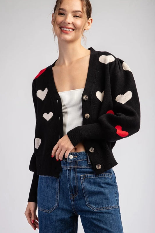 Heart Cropped Black Cardigan