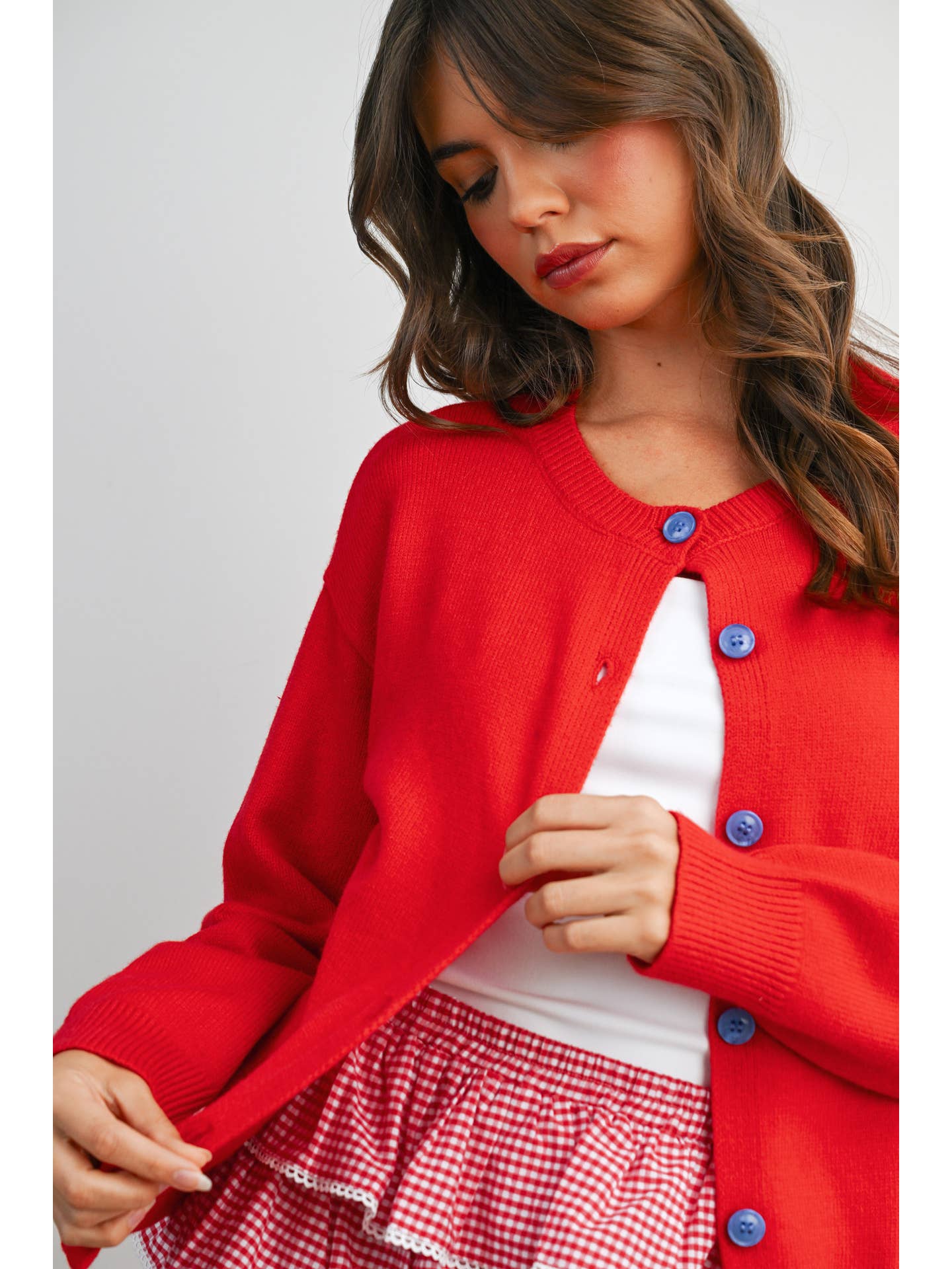 Red Crew Neck Button Front Cardigan