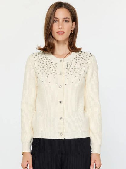 Crystal Beaded Detail Cardigan - Ivory