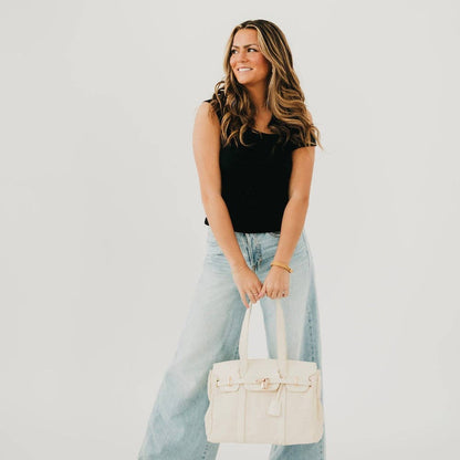 Cream Canvas and Vegan Leather Tote: Cream