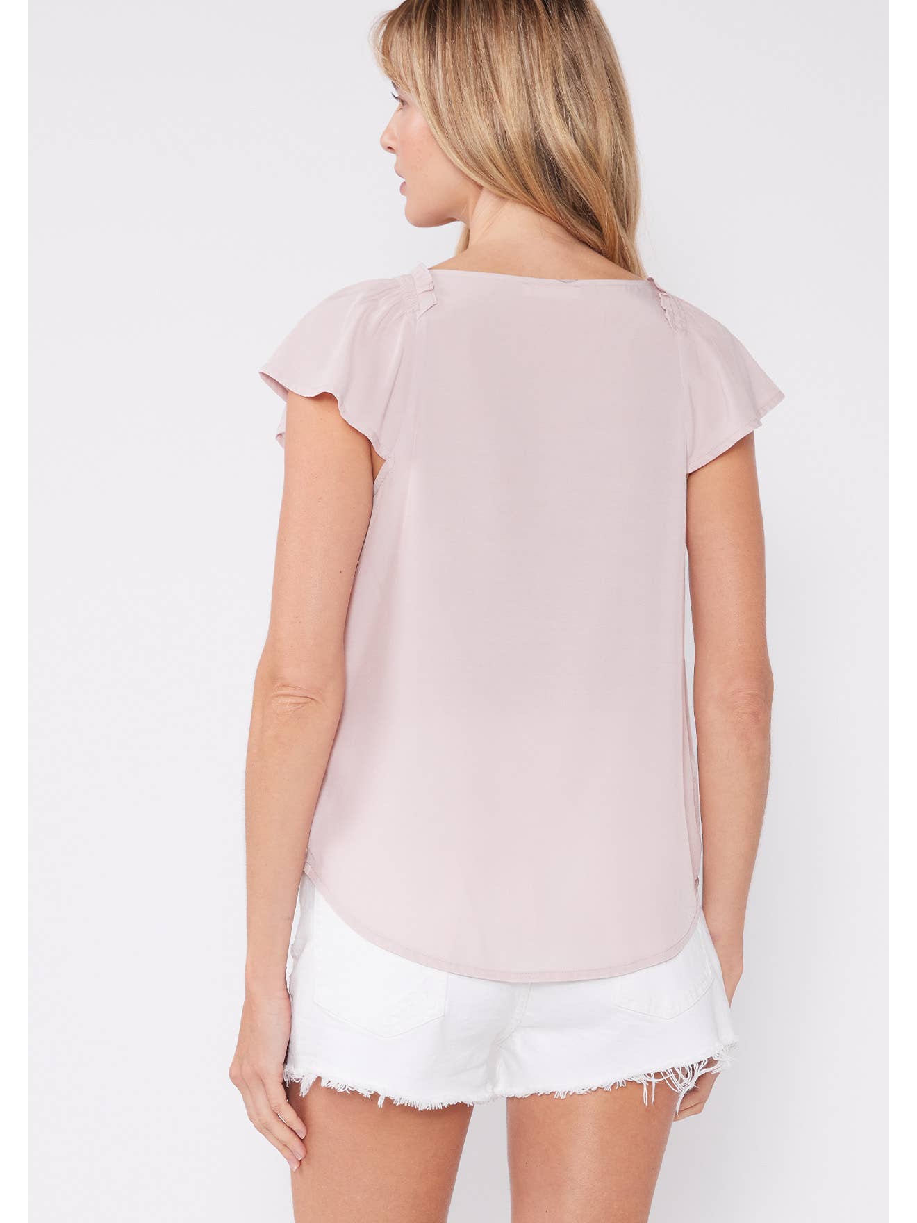 Dusty Pink Lace Trim V Neck Blouse