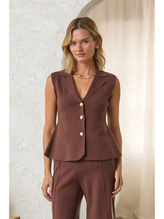 Brown Sleeveless Collared Peplum Vest