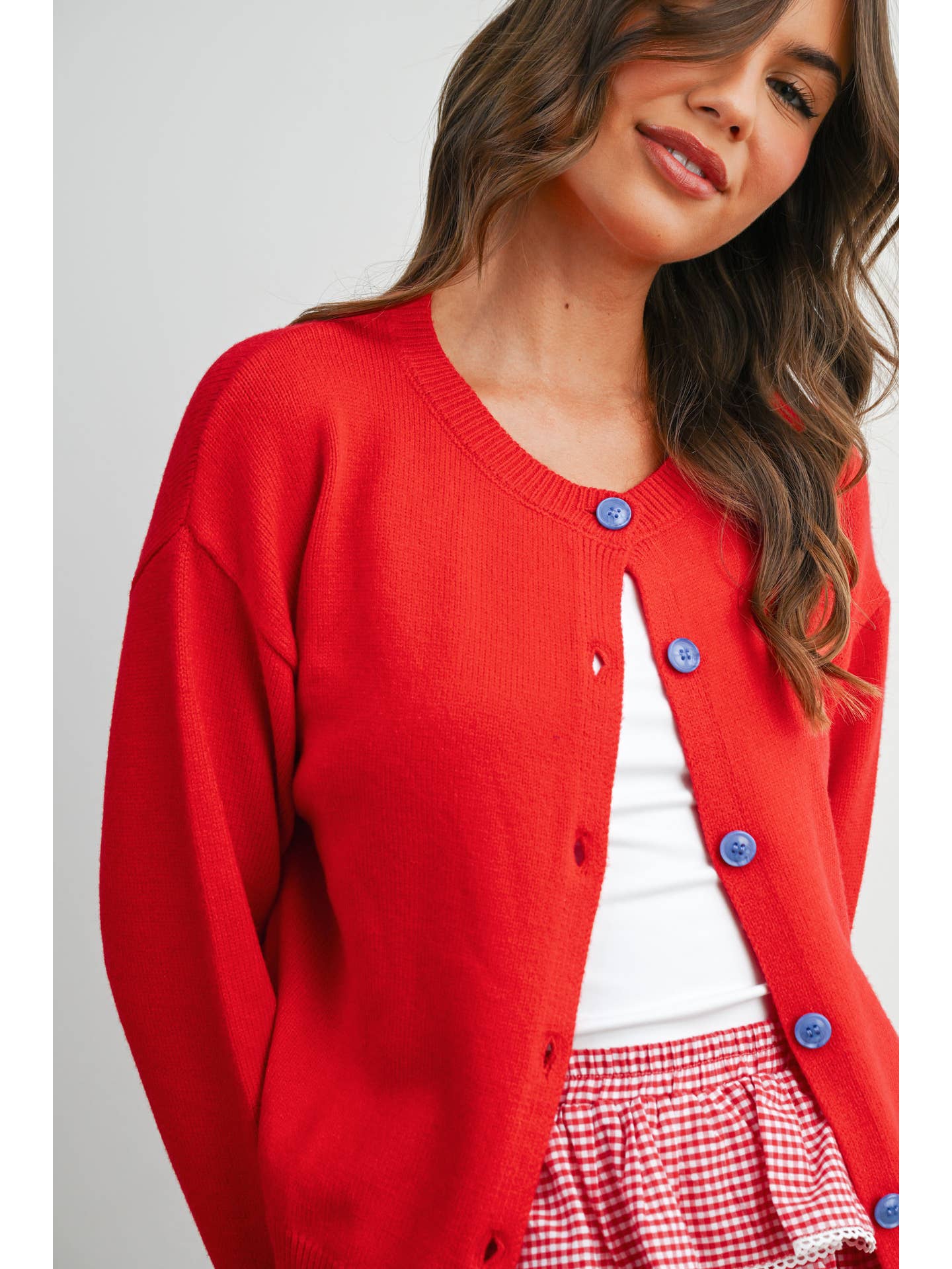 Red Crew Neck Button Front Cardigan
