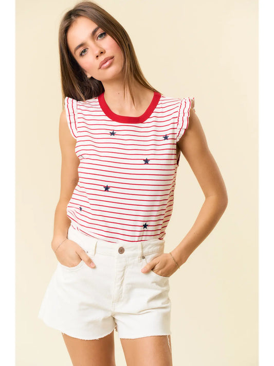 Red Ruffle Star Embroidered Striped Tank