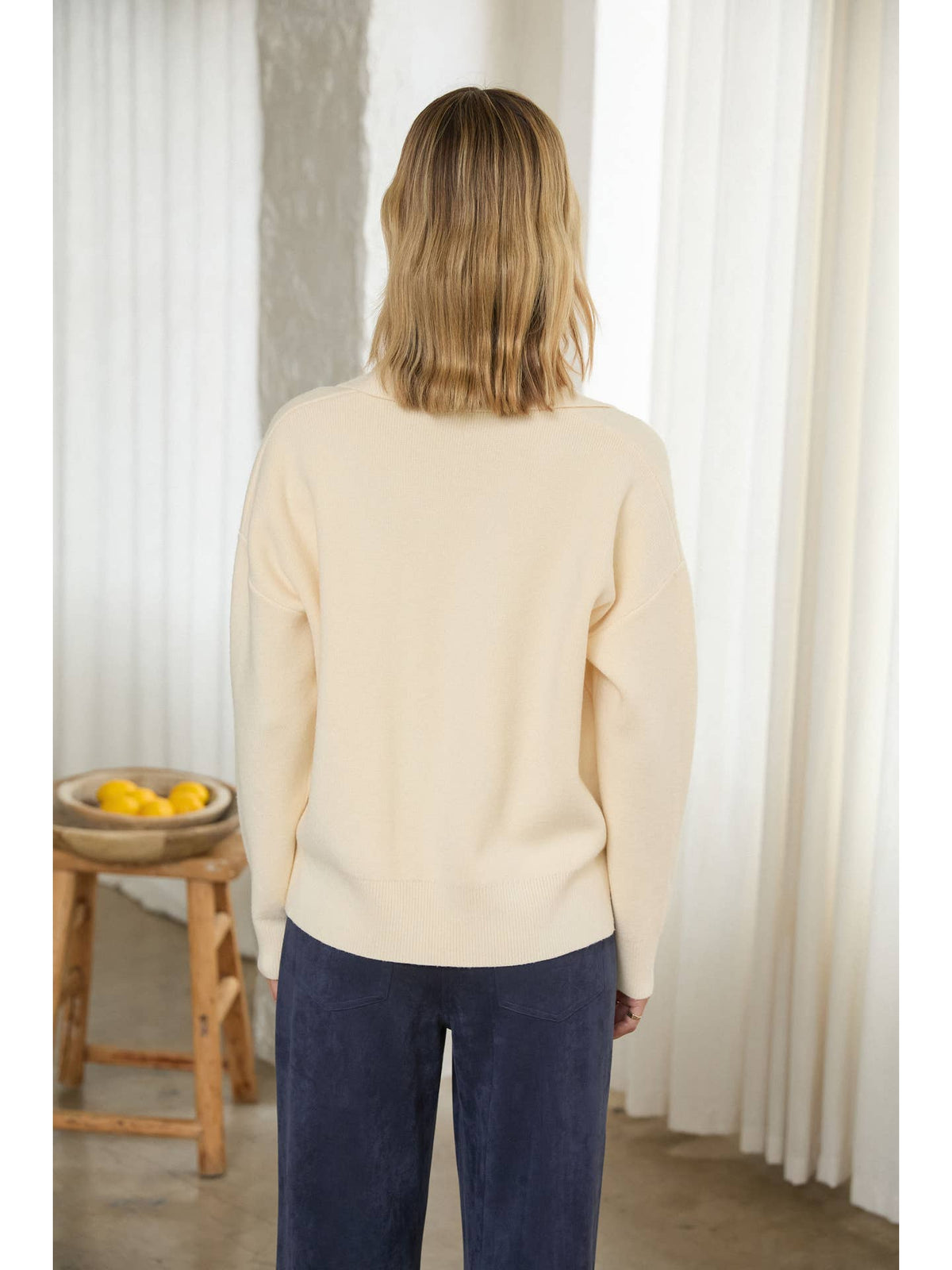 Cream Split Neck Knit Sweater