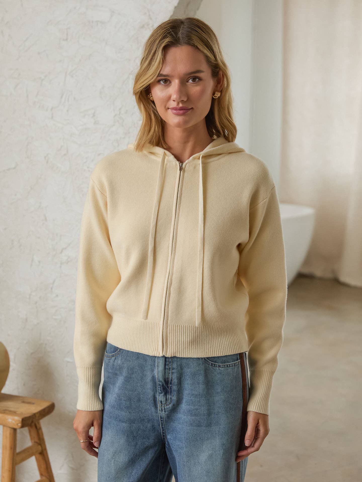 Ivory Machine Washable Knit Hoodie