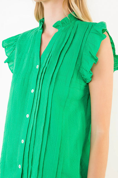 Alison Flutter Sleeve Button Down Top - Green