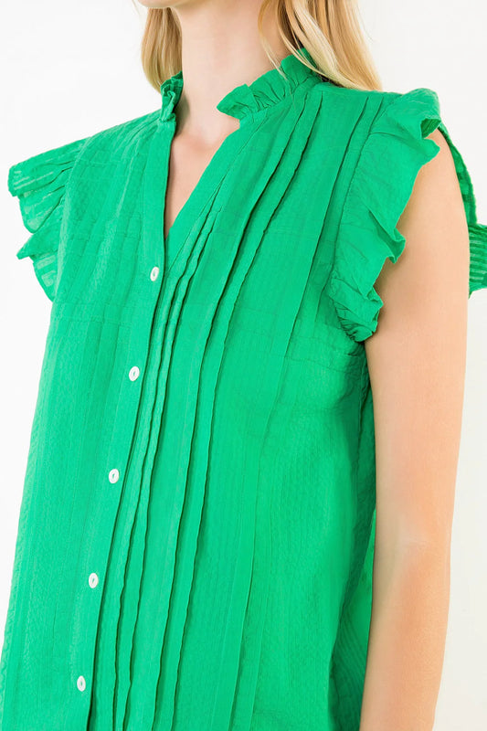 Alison Flutter Sleeve Button Down Top - Green