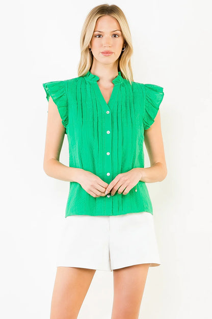 Alison Flutter Sleeve Button Down Top - Green