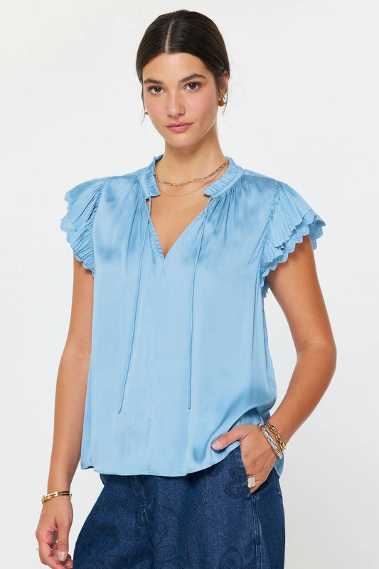 Pastel Blue Pleated Short Sleeve Blouse
