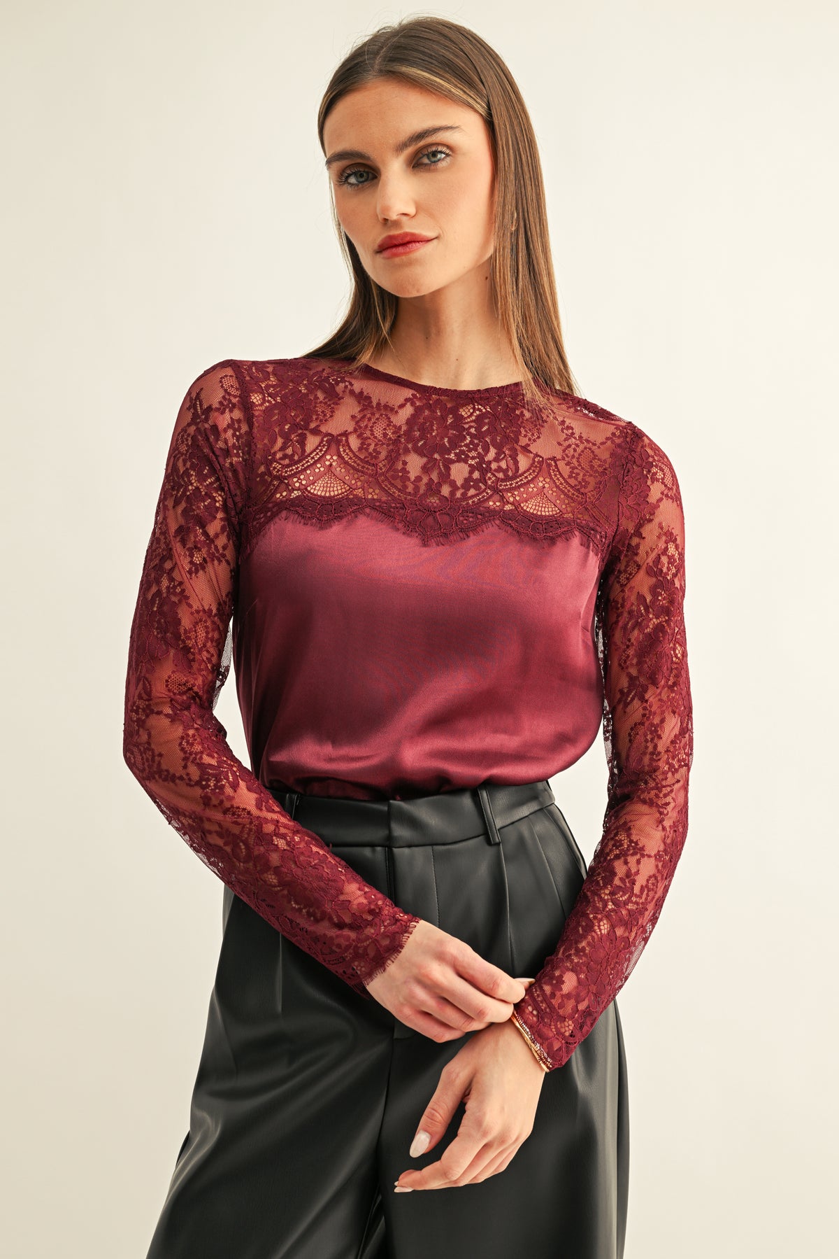KATALEYA LACE CONTRAST LONG SLEEVE TOP