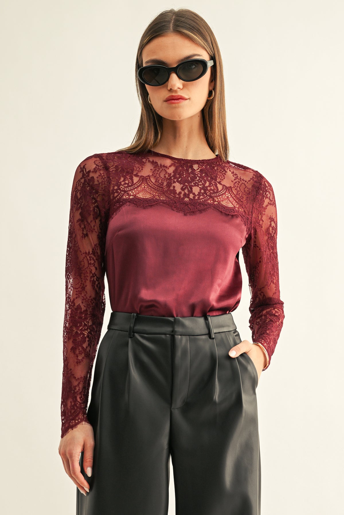 KATALEYA LACE CONTRAST LONG SLEEVE TOP