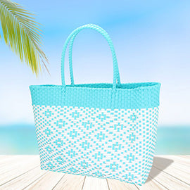 Turquoise Aztec Pattern Basket Weave Tote Bag