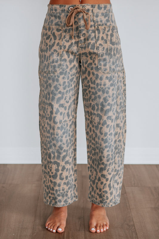 Leopard Slouchy Barrel Jeans with Drawstring Waist