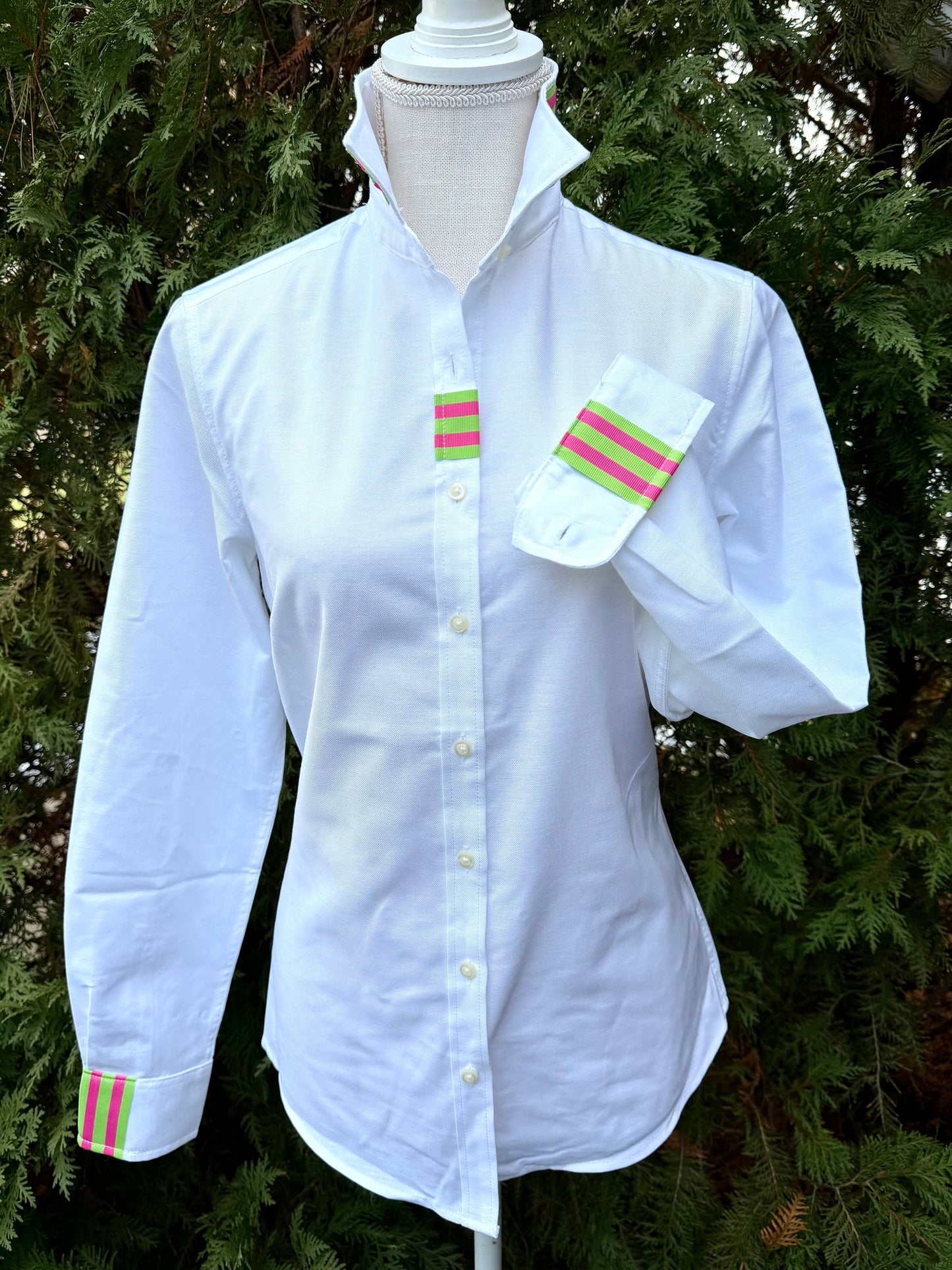 White Oxford with Pink and Green Stripe