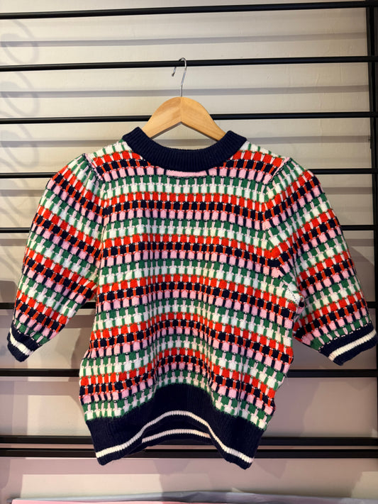 Navy Multicolor Stripe Short Sleeve Sweater