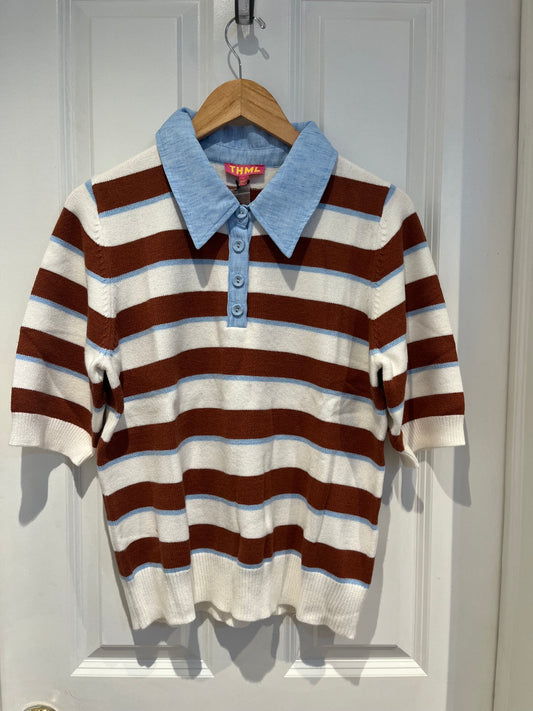 Striped Short Sleeve Sweater Denim Collar