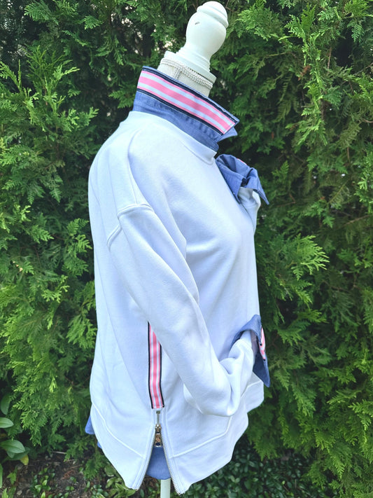 White Crew Neck Sweatshirt - White w Navy & Pink Stripe Ribbon