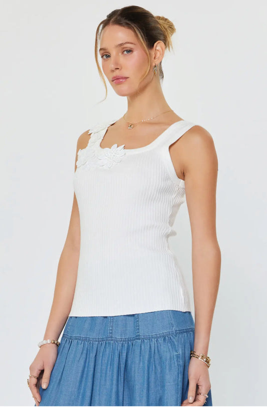 White Appliqué Square Neck Tank