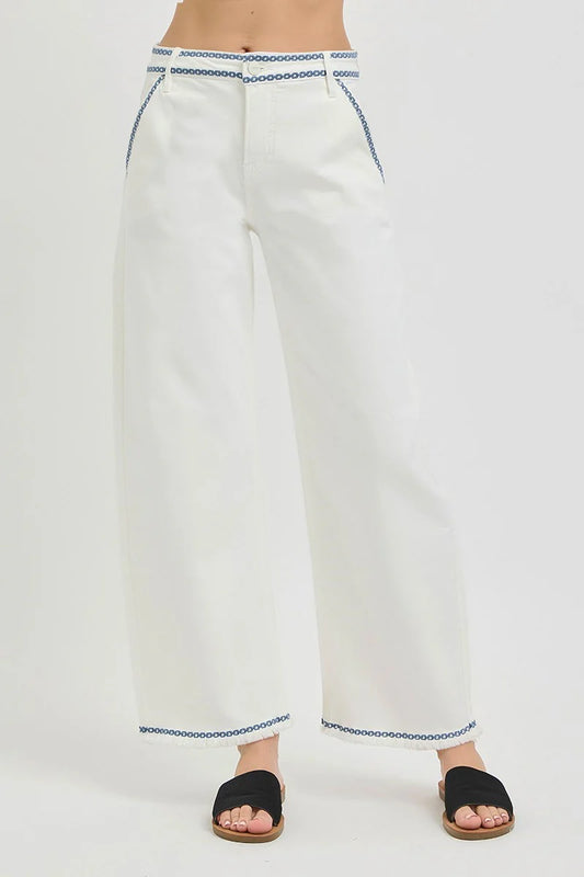 Cream High Rise Crop Barrel Embroidered Pant