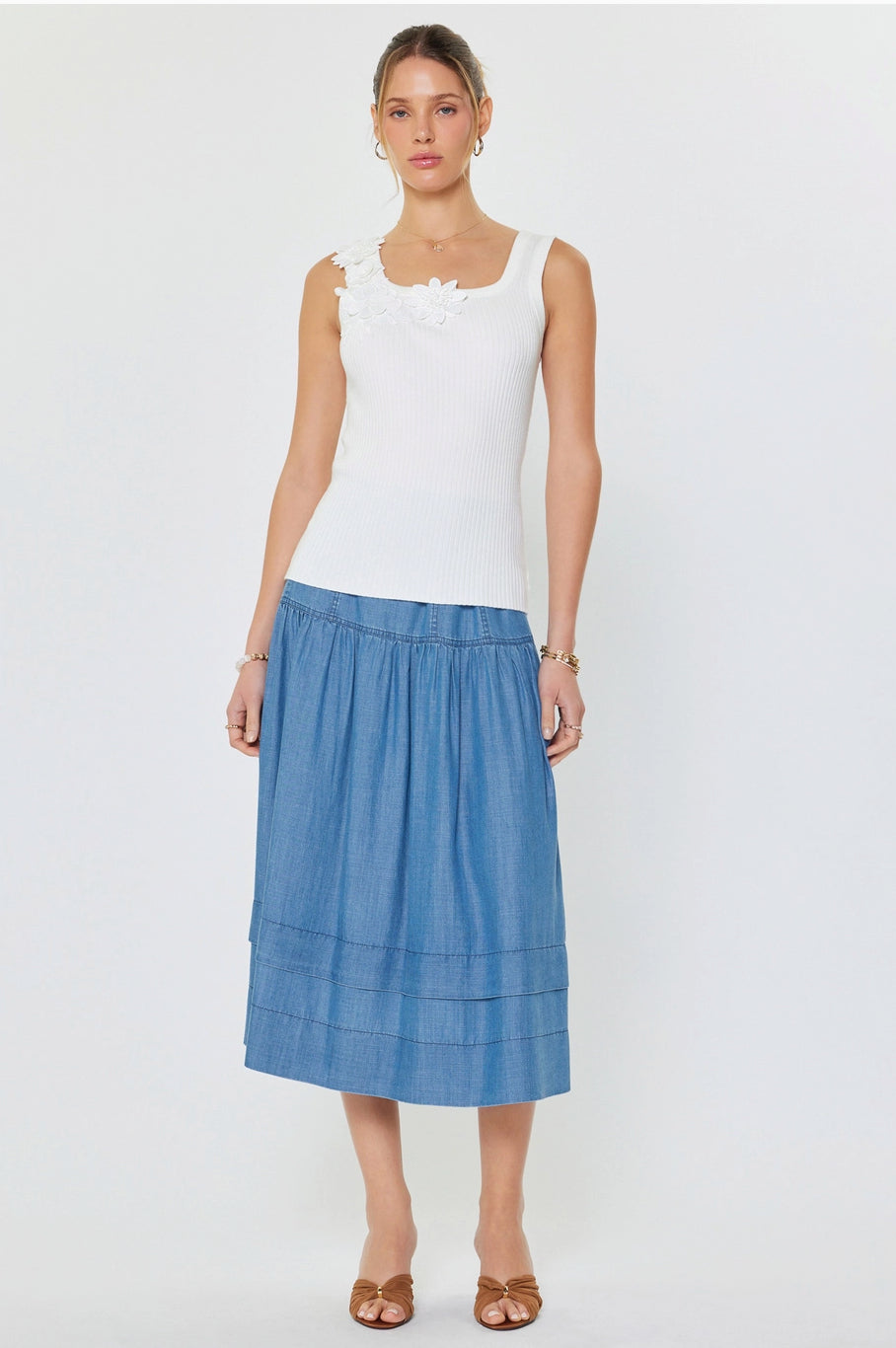 White Appliqué Square Neck Tank