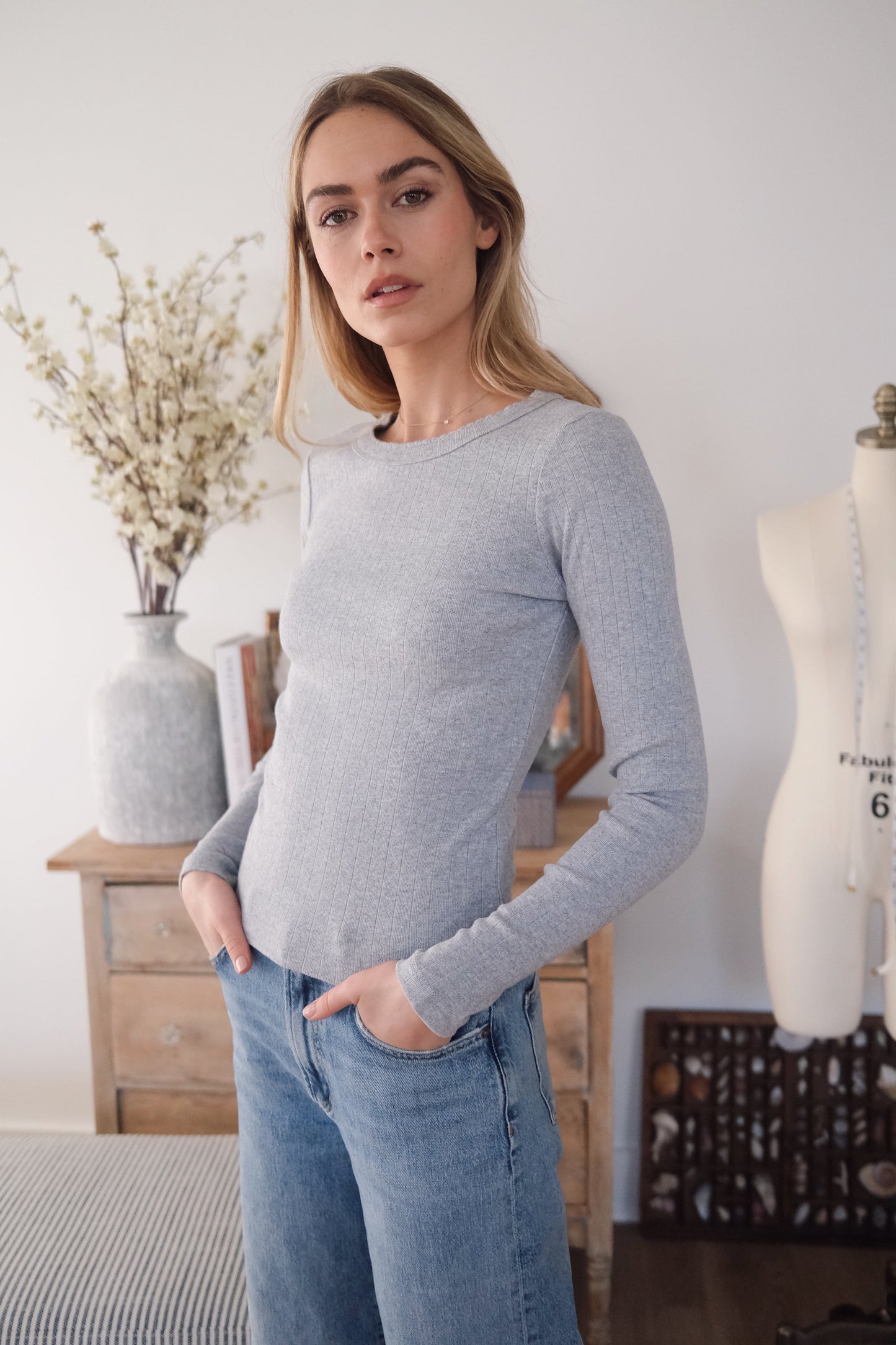 Pointelle Long Sleeve Crewneck - Grey