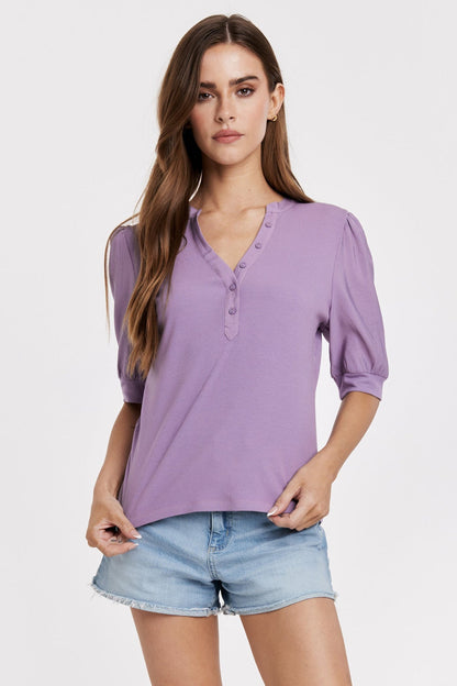 LILAC PUFF SLEEVE HENLEY TOP