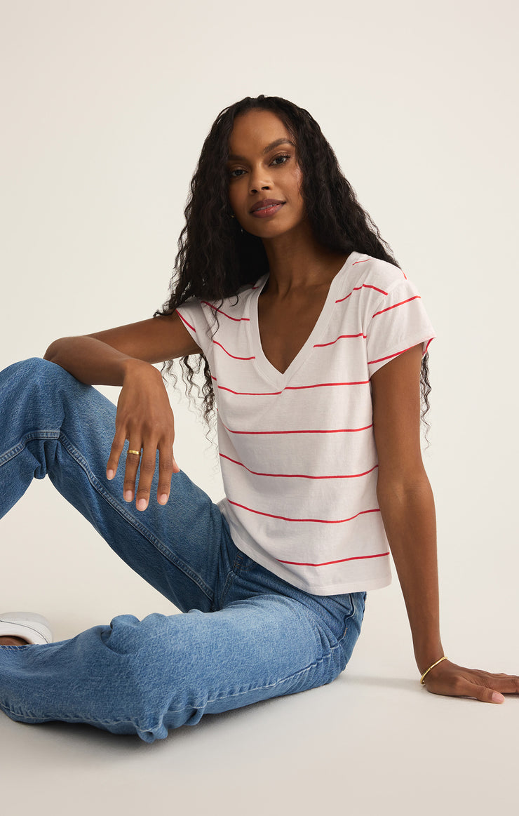 Red Striped Modern V-Neck Tee