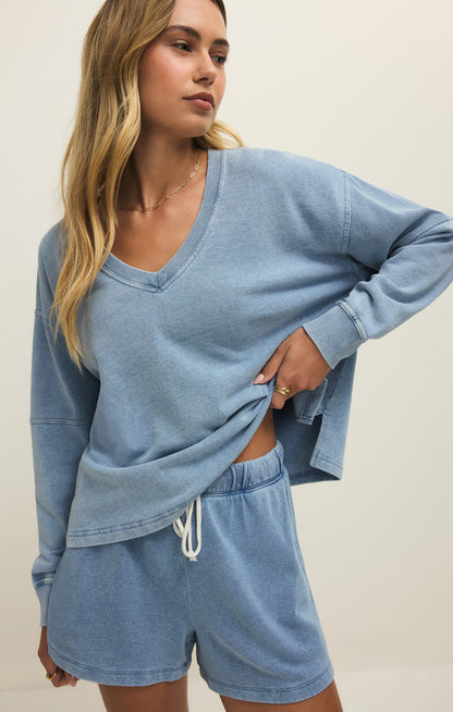 Delphine V Neck Knit Denim Sweatshirt