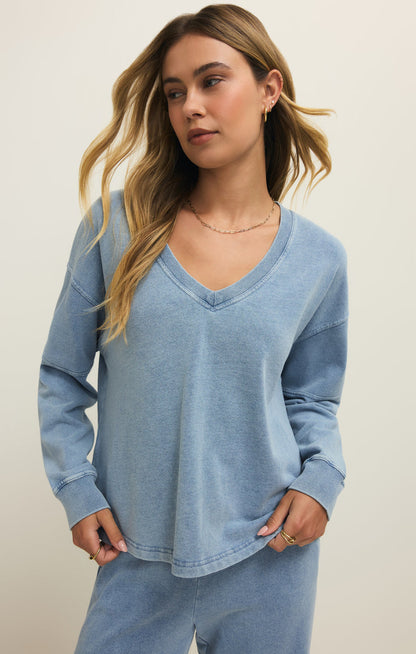 Delphine V Neck Knit Denim Sweatshirt
