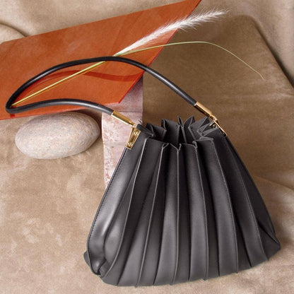 Black Pleated Vegan Leather Shoulder Bag