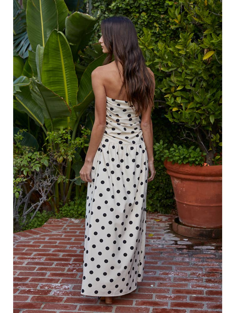 Linen Polka Dot Strapless Tube Midi Dress